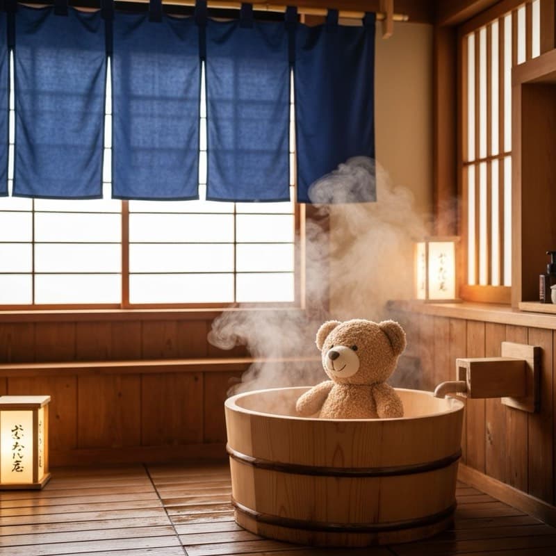 ぬいぐるみが湯桶で湯治しているイメージ
